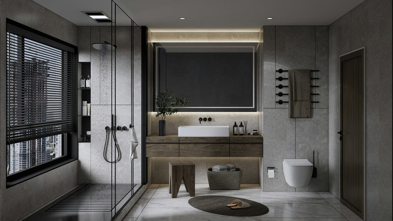 Modern bathroom with a glass shower at night (illustrative photo)