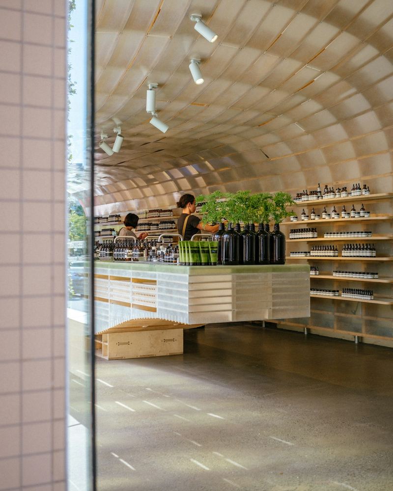 Bright shop interior with wood shelves and plants (illustrative photo)