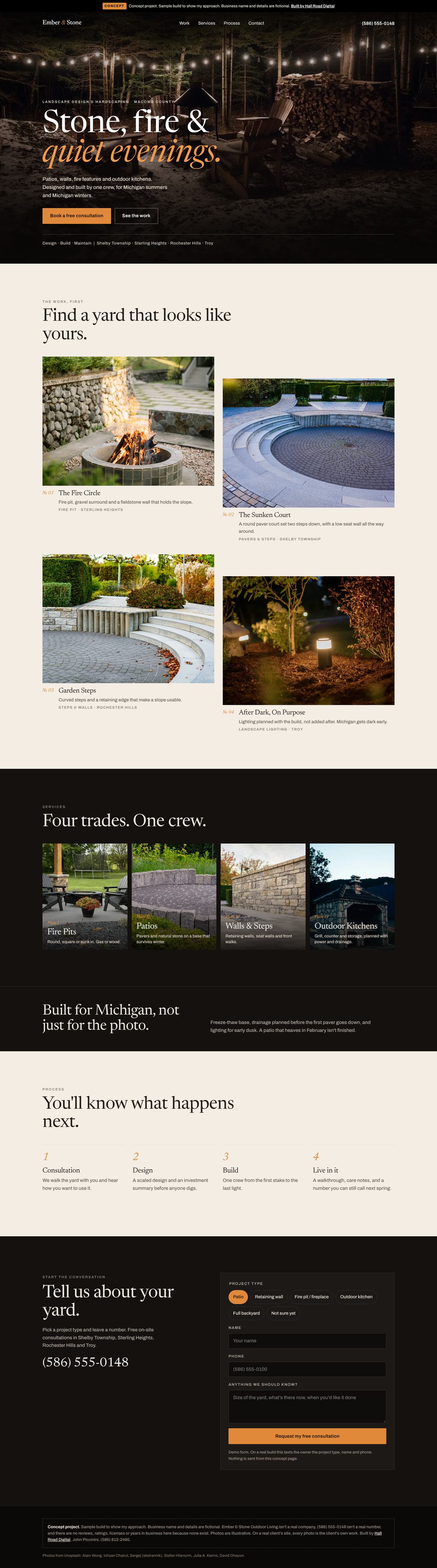 Full-length screenshot of the Ember and Stone concept website