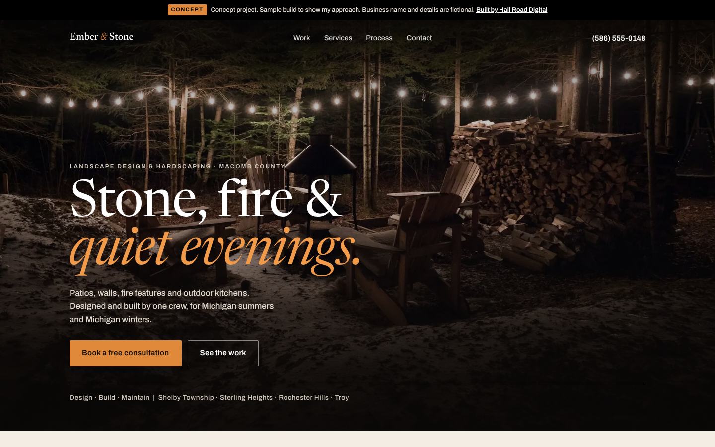 Desktop view of the Ember and Stone concept website